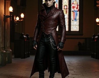 Abrigo de cazador de vampiros de cuero genuino: frac gótico granate, disfraz de cosplay