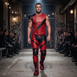 Puede incluir: Un chaleco sin mangas de cuero rojo y negro con cremallera asimétrica y hebillas laterales, combinado con pantalones de cuero rojo y negro a juego con rodilleras reforzadas y botas de cuero rojo y negro con cierres de hebilla laterales.