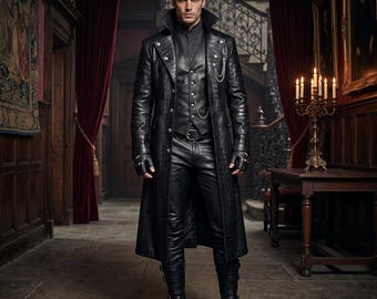 Completo da uomo con trench gotico da vampiro in pelle di coccodrillo nera