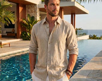 Men's Cotton Linen Long Sleeve Shirt, Stand Collar Beach Top, Casual Summer Hawaiian Style