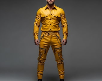 Completo da uomo giallo in vera pelle composto da camicia e pantaloni, stile streetwear da motociclista.