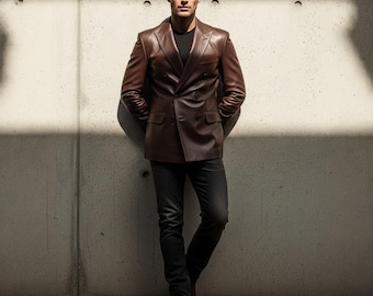 Blazer in vera pelle fatto a mano per uomo / Giacca doppiopetto classica / Capospalla formale moderno
