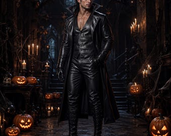 Costume da vampiro da uomo in pelle nera, abito gotico per Halloween, trench lungo, pantaloni e gilet