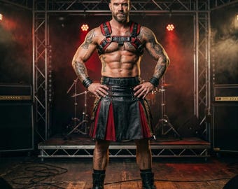 Imbracatura da kilt in pelle nera e rossa, abbigliamento da palcoscenico gotico da rockstar, outfit da festival