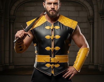 Gilet armatura da uomo in pelle nera e oro, costume da guerriero fantasy per cosplay