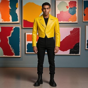 Uitdagend geel cropped leren blazer handgemaakt streetwear jack | Unieke feestjas voor heren