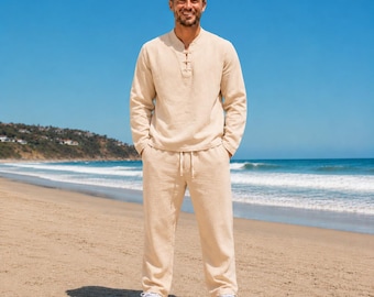 Men's Cotton Linen Chinese Style Casual Set, Long Sleeve Loose Fit Outfit