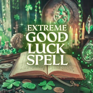 Peut inclure: Un livre ouvert aux pages vieillies est entouré de découpages de trèfles verts, de pièces métalliques et de bougies allumées. Le texte EXTREME GOOD LUCK SPELL est centré en lettres blanches sur la scène, éclairée par une douce lumière verte.