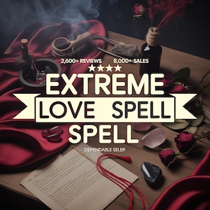 以下が含まれることがあります： 愛の呪文に関連するアイテムの配置。ボトル、乳鉢と乳棒、クリスタル、バラ、巻物など。テキスト「EXTREME LOVE SPELL」がバナーに表示されています。
