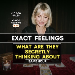 May include: A person with blonde hair wearing a black shirt sits behind a red surface with tarot cards. Text reads: +10.000 SALES, +3.000 REVIEWS, 4.9, EXACT FEELINGS, WHAT ARE THEY SECRETLY THINKING ABOUT, SAME HOUR. A lit candle in a glass holder is visible.