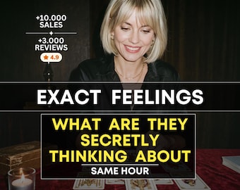May include: A person with blonde hair wearing a black shirt sits behind a red surface with tarot cards. Text reads: +10.000 SALES, +3.000 REVIEWS, 4.9, EXACT FEELINGS, WHAT ARE THEY SECRETLY THINKING ABOUT, SAME HOUR. A lit candle in a glass holder is visible.