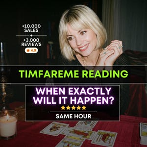 以下が含まれることがあります： TIMFAREME READING、WHEN EXACTLY WILL IT HAPPEN?、SAME HOURというテキストが記載されたタロット占いサービスの広告。画像には、ブロンドの髪で黒いトップスを着た人物と、赤い表面に広げられたタロットカードが写っています。