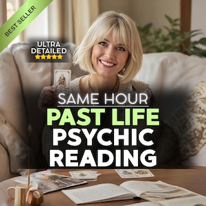 Puede incluir: Una mujer sonríe mientras sostiene una carta del tarot, con el texto "SAME HOUR PAST LIFE PSYCHIC READING". La imagen incluye una pancarta de "BEST SELLER" y el texto "ULTRA DETAILED". Hay cartas de tarot y un libro sobre la mesa.