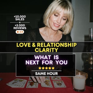 May include: A person with blonde hair wearing a black sweater performs a tarot card reading on a red surface. Text overlays include +10.000 SALES, +3.000 REVIEWS, 4.9, LOVE & RELATIONSHIP CLARITY, WHAT IS NEXT FOR YOU, five stars, and SAME HOUR.