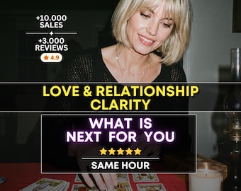 May include: A person with blonde hair wearing a black sweater performs a tarot card reading on a red surface. Text overlays include +10.000 SALES, +3.000 REVIEWS, 4.9, LOVE & RELATIONSHIP CLARITY, WHAT IS NEXT FOR YOU, five stars, and SAME HOUR.