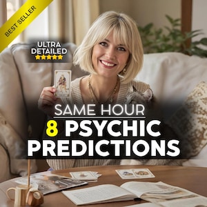 Op de afbeelding: Een lachende vrouw houdt een tarotkaart vast, met de tekst "SAME HOUR 8 PSYCHIC PREDICTIONS". De afbeelding bevat een "BEST SELLER" banner en "ULTRA DETAILED" tekst met sterren. Een kat zit op de schouder van de vrouw.