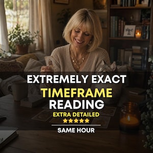 May include: A beige V-neck jumper with a layered gold necklace, featuring text that reads: EXTREMELY EXACT TIMEFRAME READING, EXTRA DETAILED, five yellow stars, and SAME HOUR, displayed over a scene of tarot cards and a cat.