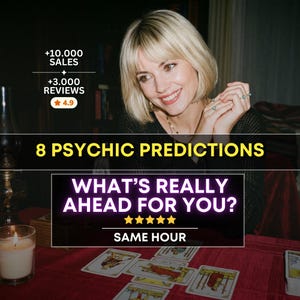 May include: A psychic reading service advertisement featuring the text 8 PSYCHIC PREDICTIONS WHAT'S REALLY AHEAD FOR YOU? SAME HOUR. The image displays tarot cards on a red surface with a person in the background and performance metrics.