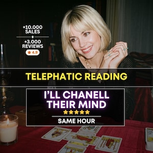 May include: A service advertisement for a telepathic reading featuring the text Telephatic Reading, I'll Chanell Their Mind, and Same Hour. The image displays a person with blonde hair, tarot cards on a red surface, and a lit candle in a glass.