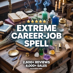 May include: A wooden table displays a collection of items related to spells, including books, bottles, crystals, and candles. The text "EXTREME CAREER-JOB SPELL" is prominently displayed, along with review and sales numbers.