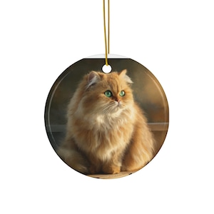 Persian Cat Ceramic Ornament: Golden Fluffy Kitten with Green Eyes