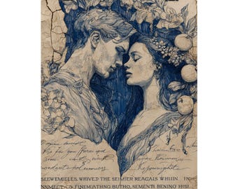 May include: A sepia-toned print depicting a couple in a close embrace, with blue accents and floral details. The artwork includes handwritten script and is presented on aged, textured paper. The print evokes a vintage aesthetic.