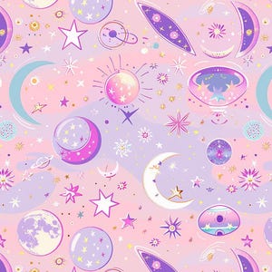 Könnte beinhalten: Ein sich wiederholendes Muster mit Himmelskörpern wie Monden, Sternen und Planeten in Rosa, Lila und Gold. Das Design umfasst verschiedene Sternformen und Halbmonde und erzeugt eine verträumte, Weltraum-Thematik.