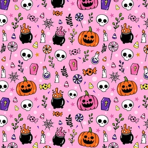 Kawaii Halloween Pumpkin-Halloween Ghost Fabric-Halloween Pink Decor Cotton Fabric By Half Yard