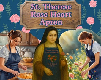 Puede incluir: Imagen de un delantal decorativo con el texto "St. Therese Rose Heart Apron". El delantal tiene un diseño floral y las palabras "Remember that nothing is small in the eyes of God. Do all that you do with love."