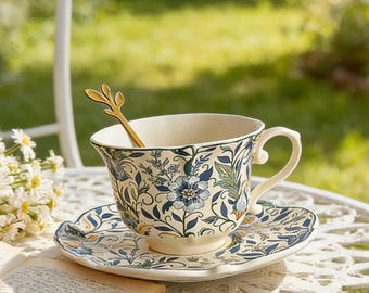 Blommig tekopp och fatset, vintage keramisk kaffekopp, blå botanisk teservis, Cottagecore tekopp, estetisk present till teälskare