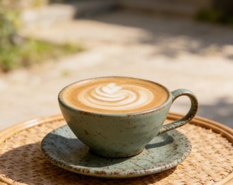 Handmade Ceramic Coffee Cup with Saucer 270ml, Rustic Latte Mug, Pottery Cappuccino Cup, Aesthetic Tea Cup, Minimalist Coffee Lover Gift