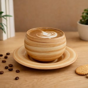 Puede incluir: Una taza y platillo de café marrón claro con un latte. La taza tiene una forma redondeada con vetas de madera horizontales. El arte del latte es un diseño de hoja blanca. Granos de café y una galleta están en la mesa de madera.