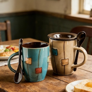 Könnte beinhalten: Zwei Keramikbecher mit passenden Löffeln stehen auf einem Holztisch. Ein Becher ist türkis mit bunten Quadraten, der andere ist beige mit Deckel. Beide Becher haben braune Innenräume und Henkel. Frühstück im Hintergrund.