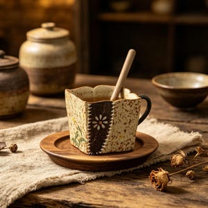 Handmade Rustic Ceramic Coffee Cup, Vintage Patchwork Mug, Small Espresso Cup 78ml, Japanese Style Tea Cup, Unique Pottery Gift for Her