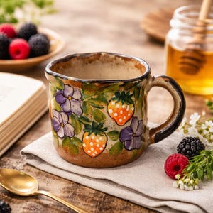 以下が含まれることがあります： イチゴと紫の花の手描きデザインのセラミックマグ。マグカップは茶色のベースと濃い色のハンドルが付いています。マグカップはリネンのナプキン上にあり、金のスプーンとベリーのプレートが近くにあります。