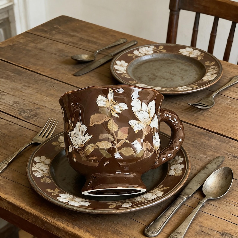 brown floral ceramic mug cozy coffee drinkware