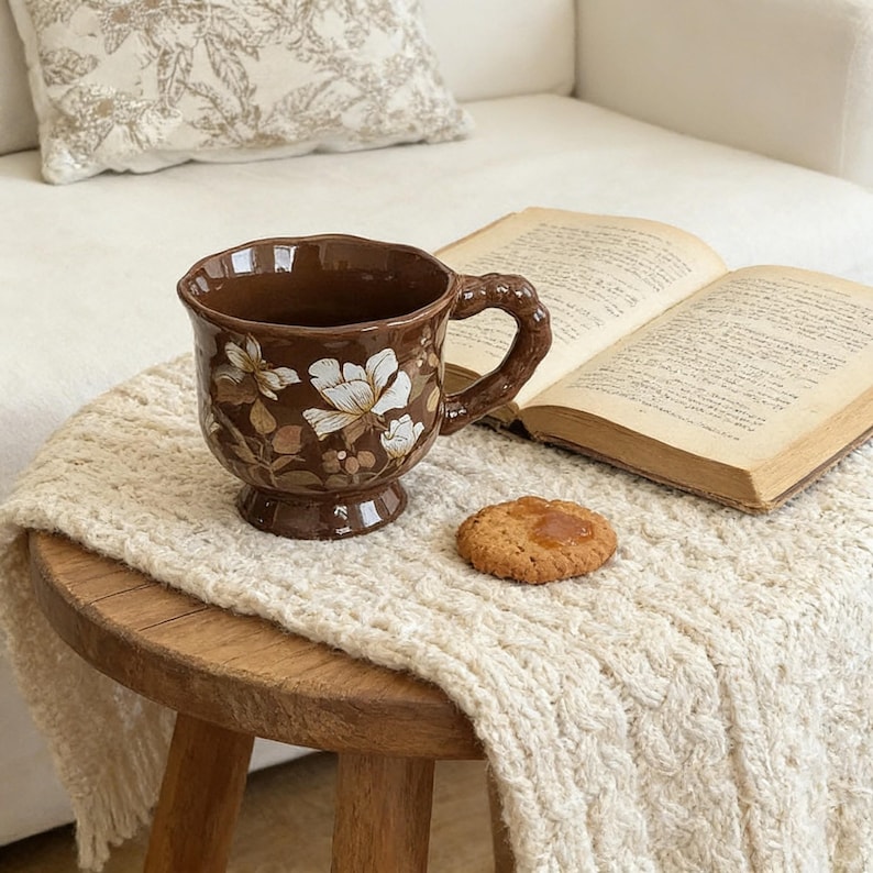 vintage floral ceramic coffee mug brown cottagecore style