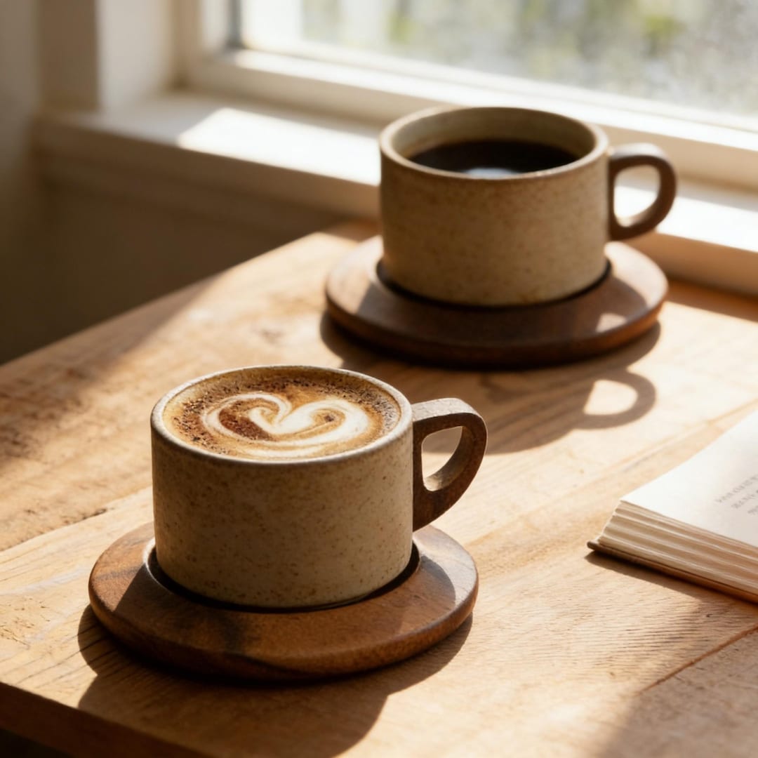 Ceramic Coffee Mug with Wooden Saucer 250ml, Rustic Latte Cup, Aesthetic Espresso Mug, Handmade Style Coffee Cup, Minimalist Coffee Gift - Terracotta Mug B