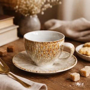 Handmade Ceramic Coffee Cup with Saucer, Vintage Textured Pottery Mug, Rustic Espresso Cup 200ml,Aesthetic Tea Cup Set,Gift for Coffee Lover
