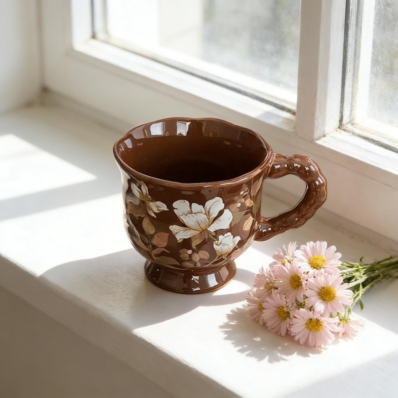 ceramic coffee mug brown floral vintage drinkware
