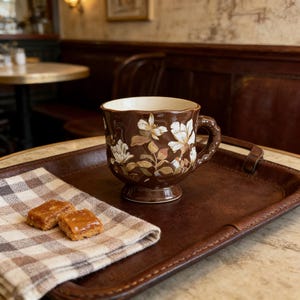 brown ceramic coffee mug with floral pattern design