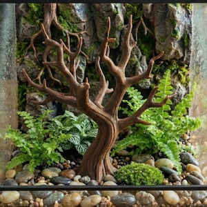 May include: A small terrarium featuring a brown, sculpted tree, green plants, moss, and pebbles. The backdrop is a textured rock formation. The glass box enclosure creates a miniature ecosystem.