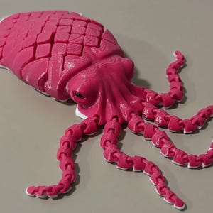 May include: A bright pink articulated squid sculpture with white accents. The squid has a segmented body and tentacles, and a detailed eye. The sculpture is a vibrant, eye-catching piece.