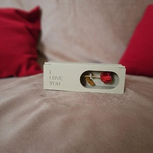 以下が含まれることがあります： 前面に「I LOVE YOU」と書かれた長方形のオフホワイトの箱。楕円形の窓から小さな赤いバラが見えます。箱は柔らかいピンクがかった茶色の表面に置かれ、背景には赤いクッションがあります。
