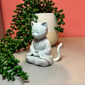 May include: A small, gray cat figurine in a meditative pose. The cat is wearing a robe and has its eyes closed. A green plant and a white and beige pot are in the background.