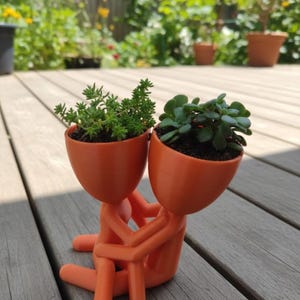 May include: A pair of orange planters in the shape of embracing figures. Each head holds a small plant. The planters are made of a smooth material and are filled with soil and greenery. The planter sits on a wooden deck.