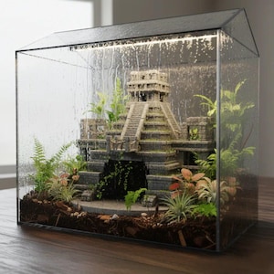 May include: A miniature terrarium featuring a detailed replica of a Mayan pyramid, surrounded by lush green plants and small colorful foliage. The glass enclosure has a black frame and is set on a wooden surface, creating a miniature ecosystem.
