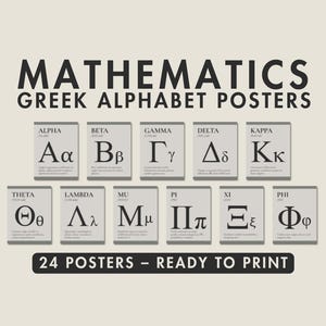 May include: A beige poster with the text "MATHEMATICS GREEK ALPHABET POSTERS" at the top. Below are 10 tiles with Greek letters, including Alpha, Beta, Gamma, and Delta. The bottom reads "24 POSTERS - READY TO PRINT."