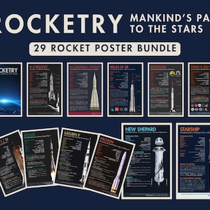 Op de afbeelding: Een verzameling van 29 raketposters, getiteld "ROCKETRY: MANKIND'S PATH TO THE STARS." De posters tonen verschillende raketten, waaronder V-2, Atlas LV-3B en Saturn V, met technische specificaties en diagrammen.
