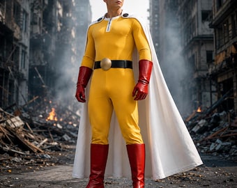 Maßgeschneidertes Saitama-Cosplay-Kostüm, gelber One-Punch-Man-Overall mit Umhang, Anime-Superhelden-Outfit